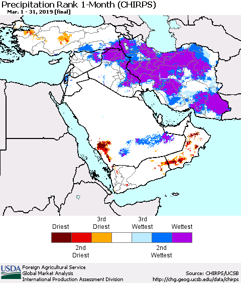 Middle East and Turkey Precipitation Rank since 1981, 1-Month (CHIRPS) Thematic Map For 3/1/2019 - 3/31/2019