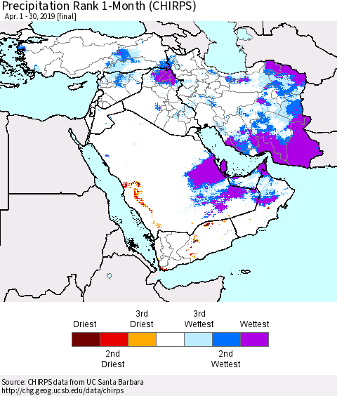 Middle East and Turkey Precipitation Rank since 1981, 1-Month (CHIRPS) Thematic Map For 4/1/2019 - 4/30/2019