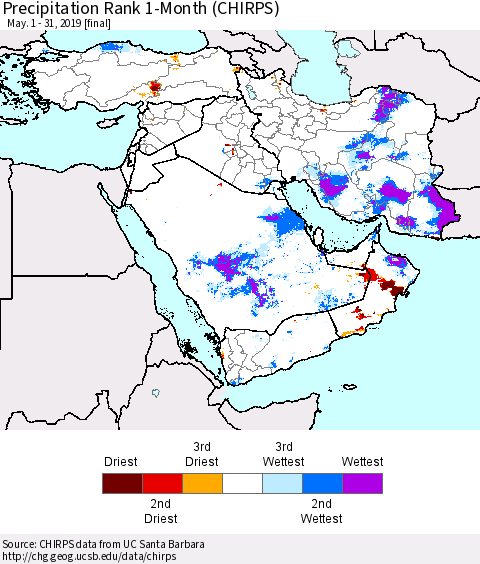 Middle East and Turkey Precipitation Rank since 1981, 1-Month (CHIRPS) Thematic Map For 5/1/2019 - 5/31/2019