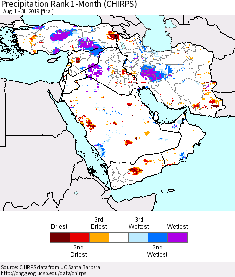 Middle East and Turkey Precipitation Rank since 1981, 1-Month (CHIRPS) Thematic Map For 8/1/2019 - 8/31/2019