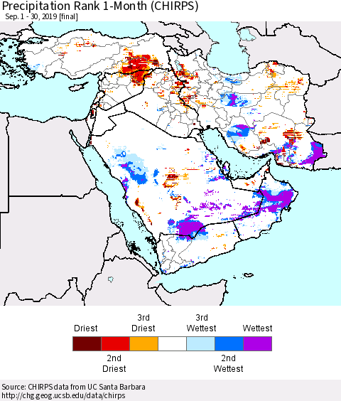Middle East and Turkey Precipitation Rank since 1981, 1-Month (CHIRPS) Thematic Map For 9/1/2019 - 9/30/2019