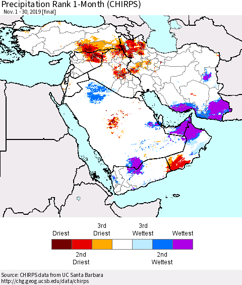 Middle East and Turkey Precipitation Rank since 1981, 1-Month (CHIRPS) Thematic Map For 11/1/2019 - 11/30/2019