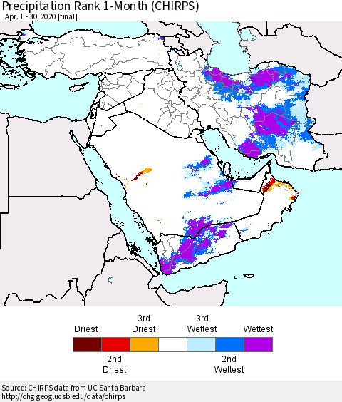 Middle East and Turkey Precipitation Rank since 1981, 1-Month (CHIRPS) Thematic Map For 4/1/2020 - 4/30/2020