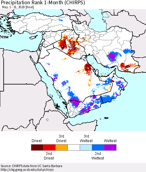 Middle East and Turkey Precipitation Rank since 1981, 1-Month (CHIRPS) Thematic Map For 5/1/2020 - 5/31/2020