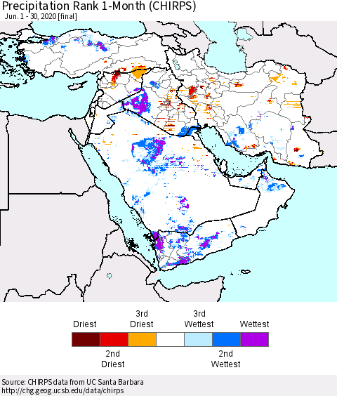 Middle East and Turkey Precipitation Rank since 1981, 1-Month (CHIRPS) Thematic Map For 6/1/2020 - 6/30/2020