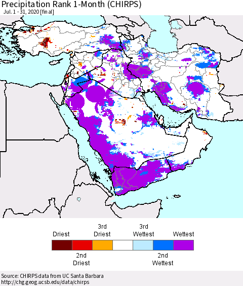Middle East and Turkey Precipitation Rank since 1981, 1-Month (CHIRPS) Thematic Map For 7/1/2020 - 7/31/2020
