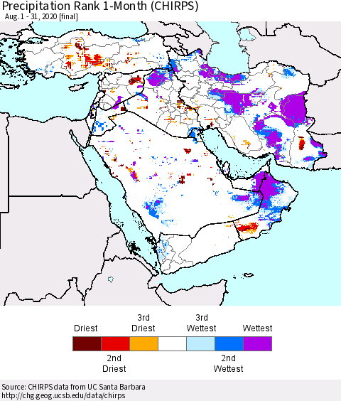 Middle East and Turkey Precipitation Rank since 1981, 1-Month (CHIRPS) Thematic Map For 8/1/2020 - 8/31/2020