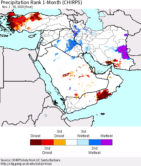 Middle East and Turkey Precipitation Rank since 1981, 1-Month (CHIRPS) Thematic Map For 11/1/2020 - 11/30/2020