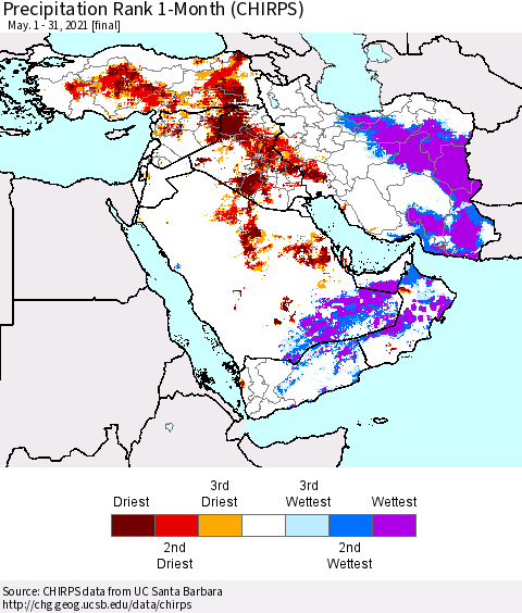Middle East and Turkey Precipitation Rank since 1981, 1-Month (CHIRPS) Thematic Map For 5/1/2021 - 5/31/2021