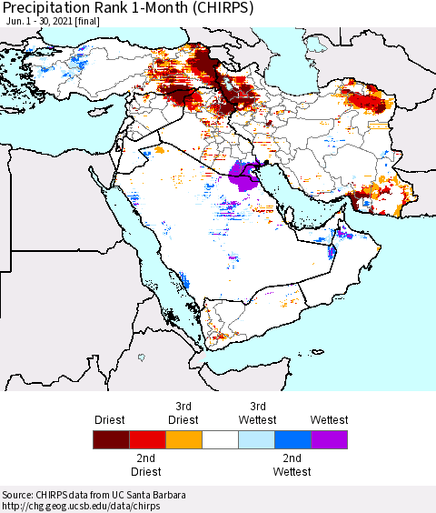 Middle East and Turkey Precipitation Rank since 1981, 1-Month (CHIRPS) Thematic Map For 6/1/2021 - 6/30/2021