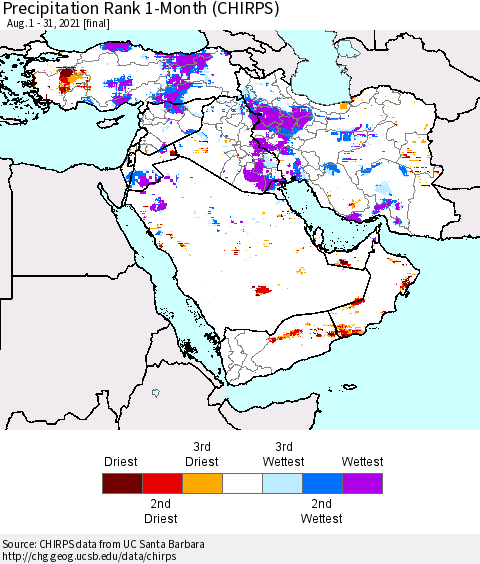 Middle East and Turkey Precipitation Rank since 1981, 1-Month (CHIRPS) Thematic Map For 8/1/2021 - 8/31/2021