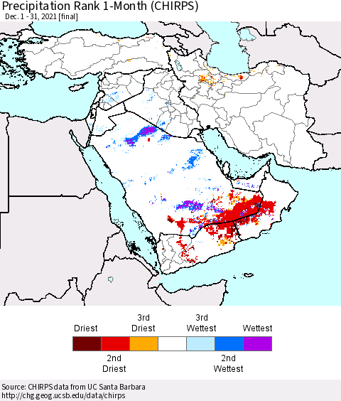 Middle East and Turkey Precipitation Rank since 1981, 1-Month (CHIRPS) Thematic Map For 12/1/2021 - 12/31/2021