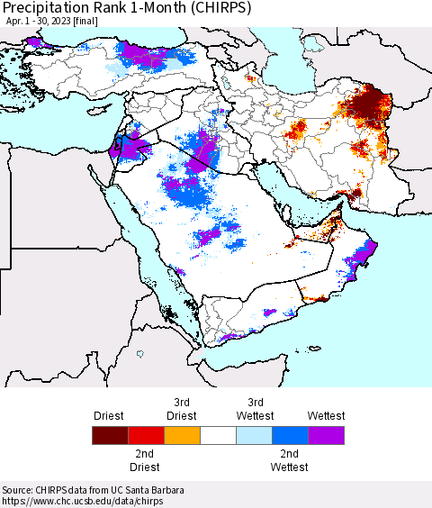 Middle East and Turkey Precipitation Rank since 1981, 1-Month (CHIRPS) Thematic Map For 4/1/2023 - 4/30/2023