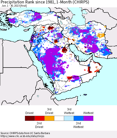 Middle East and Turkey Precipitation Rank since 1981, 1-Month (CHIRPS) Thematic Map For 6/1/2023 - 6/30/2023