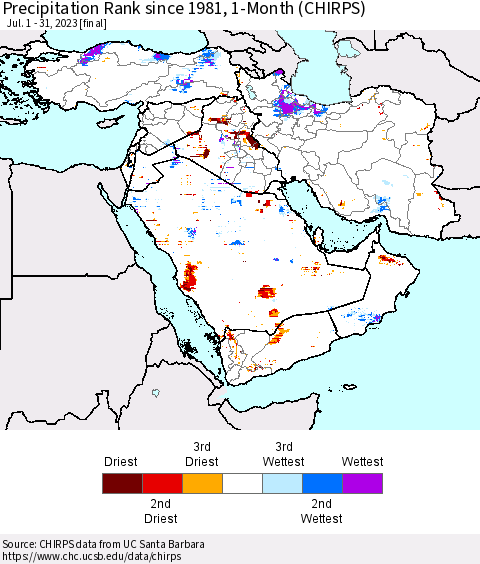 Middle East and Turkey Precipitation Rank since 1981, 1-Month (CHIRPS) Thematic Map For 7/1/2023 - 7/31/2023