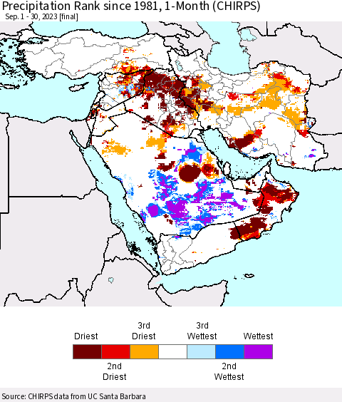 Middle East and Turkey Precipitation Rank since 1981, 1-Month (CHIRPS) Thematic Map For 9/1/2023 - 9/30/2023