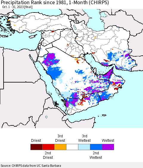 Middle East and Turkey Precipitation Rank since 1981, 1-Month (CHIRPS) Thematic Map For 10/1/2023 - 10/31/2023