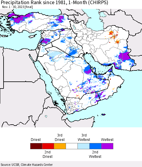 Middle East and Turkey Precipitation Rank since 1981, 1-Month (CHIRPS) Thematic Map For 11/1/2023 - 11/30/2023