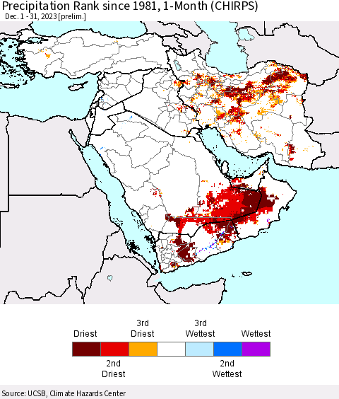 Middle East and Turkey Precipitation Rank since 1981, 1-Month (CHIRPS) Thematic Map For 12/1/2023 - 12/31/2023