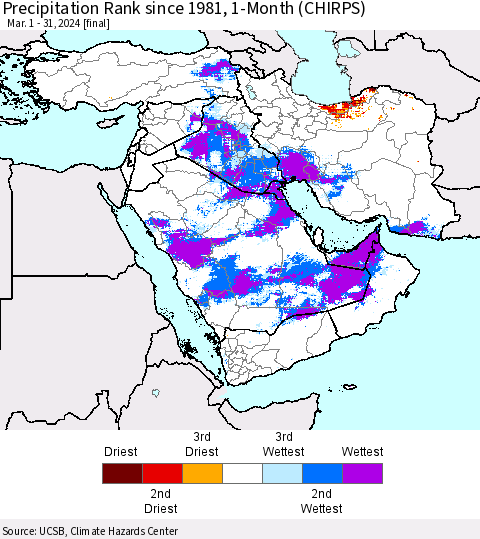 Middle East and Turkey Precipitation Rank since 1981, 1-Month (CHIRPS) Thematic Map For 3/1/2024 - 3/31/2024