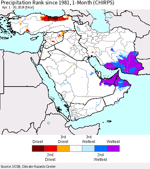 Middle East and Turkey Precipitation Rank since 1981, 1-Month (CHIRPS) Thematic Map For 4/1/2024 - 4/30/2024
