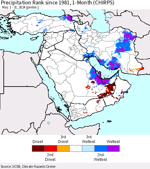 Middle East and Turkey Precipitation Rank since 1981, 1-Month (CHIRPS) Thematic Map For 5/1/2024 - 5/31/2024