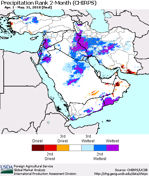 Middle East and Turkey Precipitation Rank since 1981, 2-Month (CHIRPS) Thematic Map For 4/1/2018 - 5/31/2018