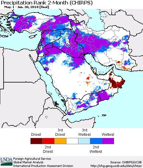 Middle East and Turkey Precipitation Rank since 1981, 2-Month (CHIRPS) Thematic Map For 5/1/2018 - 6/30/2018