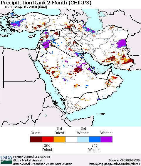 Middle East and Turkey Precipitation Rank since 1981, 2-Month (CHIRPS) Thematic Map For 7/1/2018 - 8/31/2018