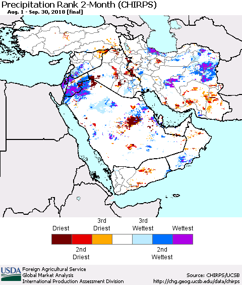 Middle East and Turkey Precipitation Rank since 1981, 2-Month (CHIRPS) Thematic Map For 8/1/2018 - 9/30/2018