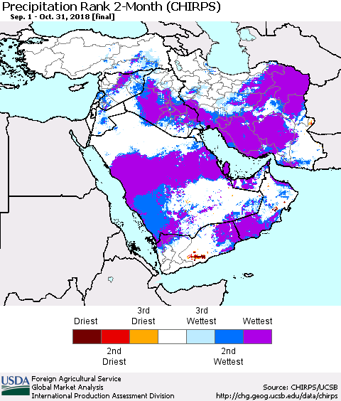 Middle East and Turkey Precipitation Rank since 1981, 2-Month (CHIRPS) Thematic Map For 9/1/2018 - 10/31/2018