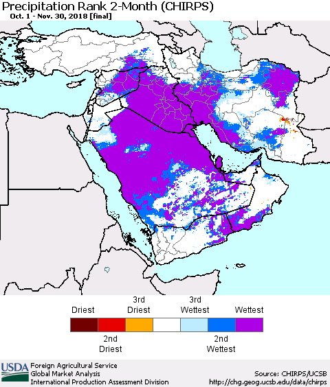 Middle East and Turkey Precipitation Rank since 1981, 2-Month (CHIRPS) Thematic Map For 10/1/2018 - 11/30/2018