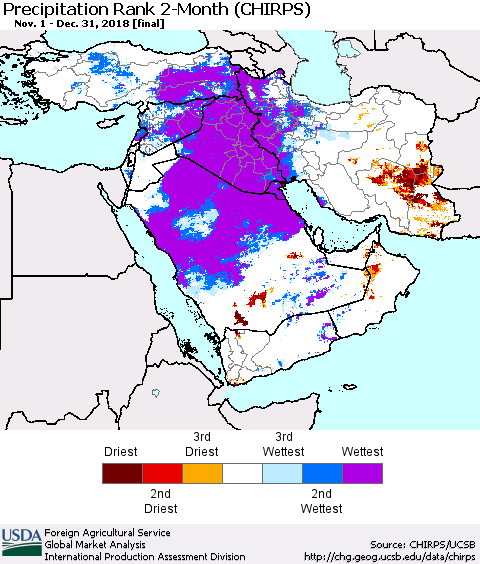 Middle East and Turkey Precipitation Rank since 1981, 2-Month (CHIRPS) Thematic Map For 11/1/2018 - 12/31/2018
