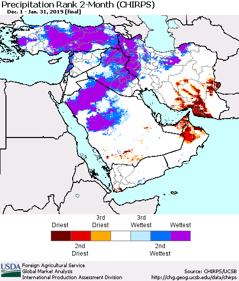 Middle East and Turkey Precipitation Rank since 1981, 2-Month (CHIRPS) Thematic Map For 12/1/2018 - 1/31/2019