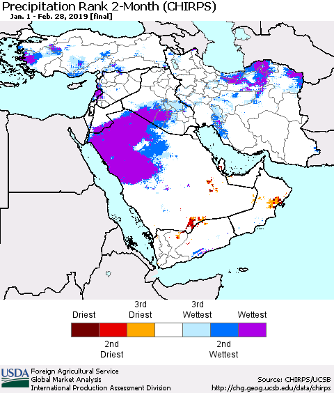 Middle East and Turkey Precipitation Rank since 1981, 2-Month (CHIRPS) Thematic Map For 1/1/2019 - 2/28/2019