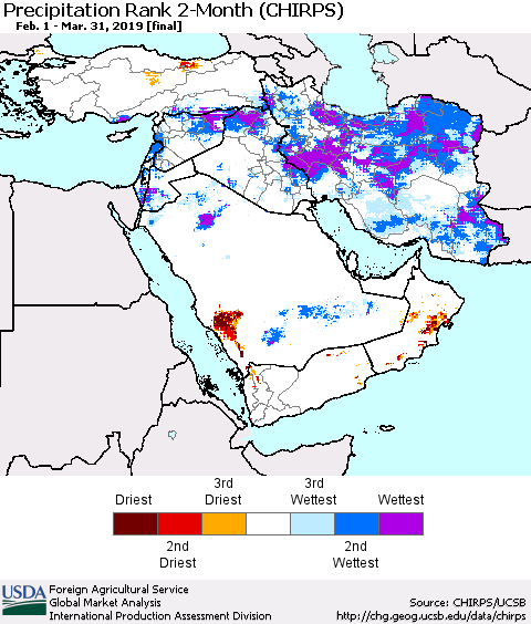 Middle East and Turkey Precipitation Rank since 1981, 2-Month (CHIRPS) Thematic Map For 2/1/2019 - 3/31/2019