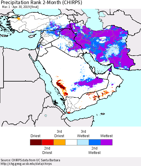 Middle East and Turkey Precipitation Rank since 1981, 2-Month (CHIRPS) Thematic Map For 3/1/2019 - 4/30/2019