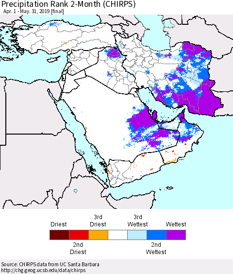 Middle East and Turkey Precipitation Rank since 1981, 2-Month (CHIRPS) Thematic Map For 4/1/2019 - 5/31/2019