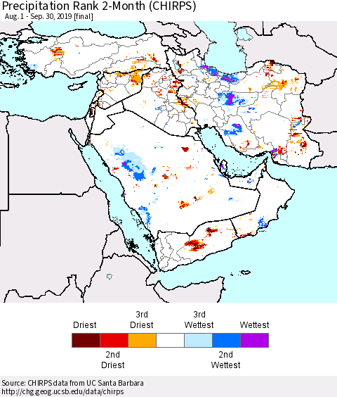 Middle East and Turkey Precipitation Rank since 1981, 2-Month (CHIRPS) Thematic Map For 8/1/2019 - 9/30/2019