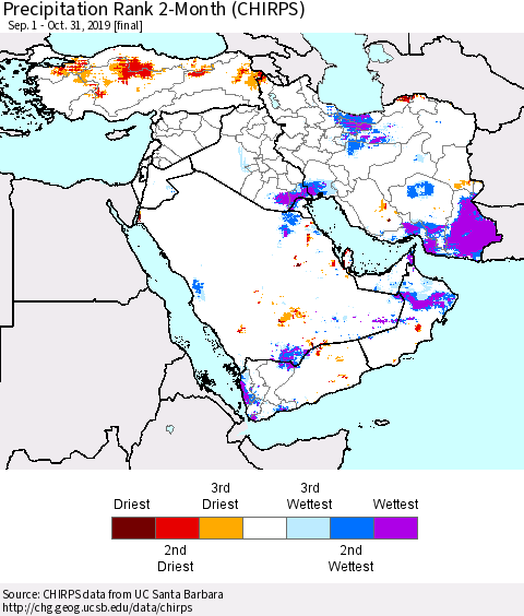 Middle East and Turkey Precipitation Rank since 1981, 2-Month (CHIRPS) Thematic Map For 9/1/2019 - 10/31/2019