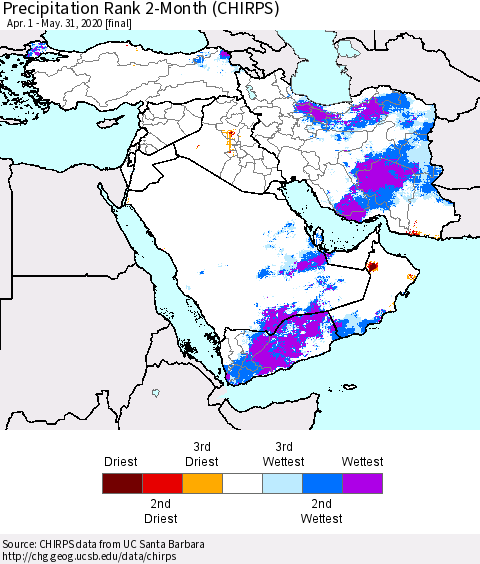 Middle East and Turkey Precipitation Rank since 1981, 2-Month (CHIRPS) Thematic Map For 4/1/2020 - 5/31/2020