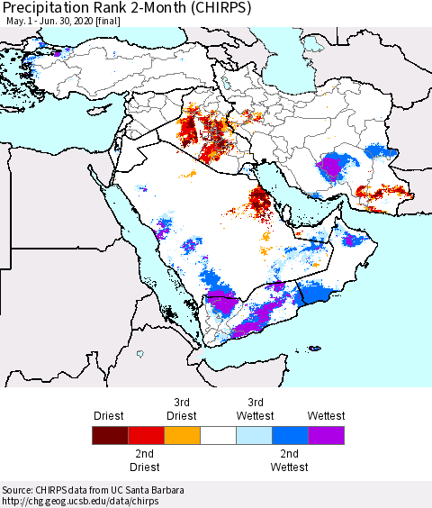 Middle East and Turkey Precipitation Rank since 1981, 2-Month (CHIRPS) Thematic Map For 5/1/2020 - 6/30/2020