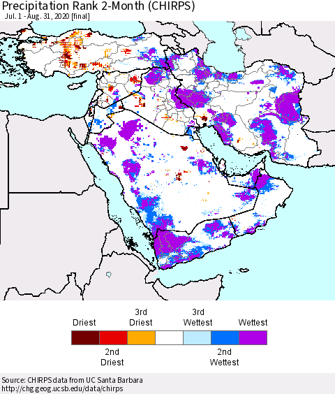 Middle East and Turkey Precipitation Rank since 1981, 2-Month (CHIRPS) Thematic Map For 7/1/2020 - 8/31/2020