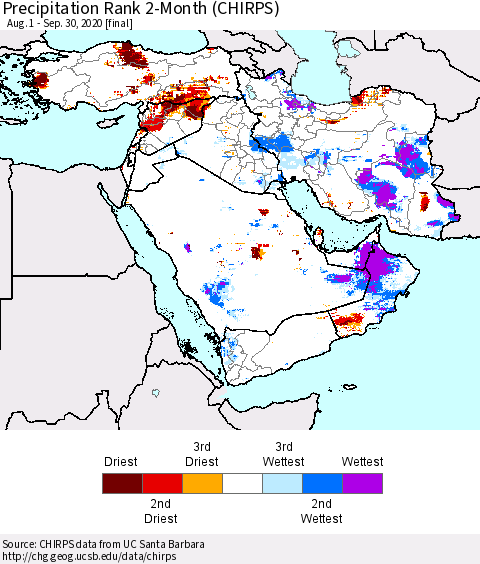 Middle East and Turkey Precipitation Rank since 1981, 2-Month (CHIRPS) Thematic Map For 8/1/2020 - 9/30/2020