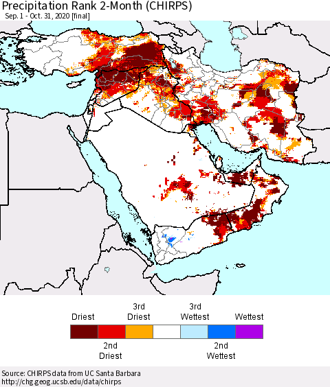 Middle East and Turkey Precipitation Rank since 1981, 2-Month (CHIRPS) Thematic Map For 9/1/2020 - 10/31/2020