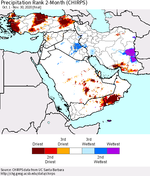 Middle East and Turkey Precipitation Rank since 1981, 2-Month (CHIRPS) Thematic Map For 10/1/2020 - 11/30/2020