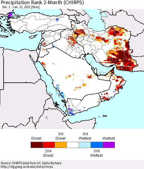 Middle East and Turkey Precipitation Rank since 1981, 2-Month (CHIRPS) Thematic Map For 12/1/2020 - 1/31/2021