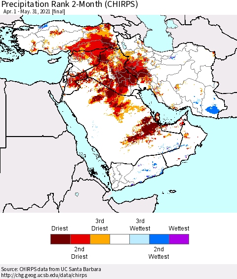 Middle East and Turkey Precipitation Rank since 1981, 2-Month (CHIRPS) Thematic Map For 4/1/2021 - 5/31/2021