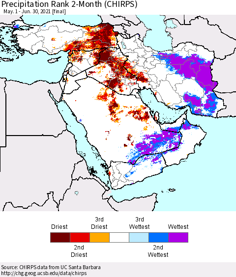 Middle East and Turkey Precipitation Rank since 1981, 2-Month (CHIRPS) Thematic Map For 5/1/2021 - 6/30/2021