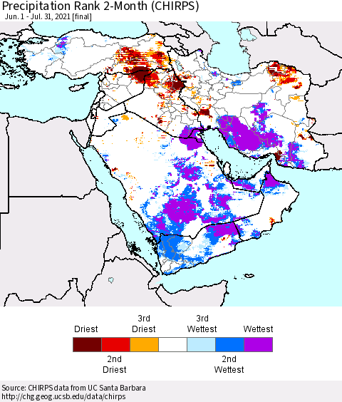 Middle East and Turkey Precipitation Rank since 1981, 2-Month (CHIRPS) Thematic Map For 6/1/2021 - 7/31/2021